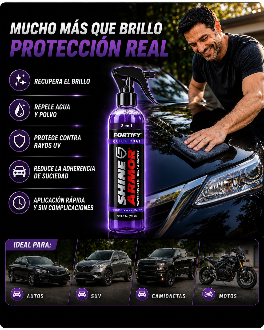 Protector Auto 3 En 1 Cera Cerámica Spray — Brillo Detailing en Minutos Pack 2 Botellas